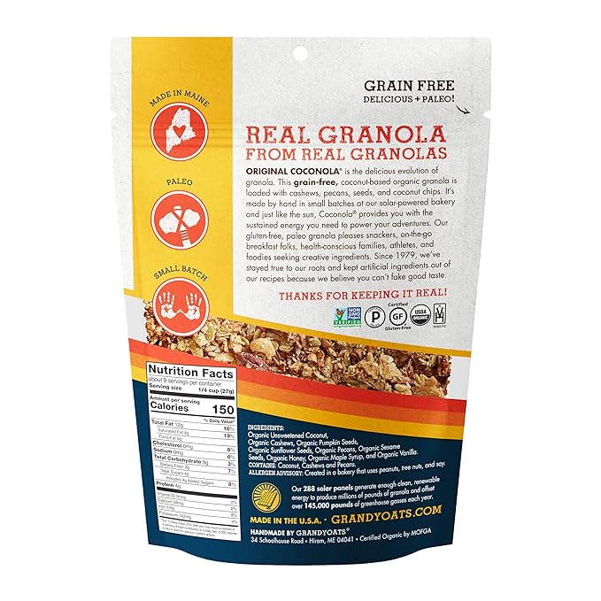 GrandyOats Gluten Free Granola (Certified Organic Paleo Friendly Non-GMO Grain Free Low Carb and Low Sugar) Original Coconola 27 Oz