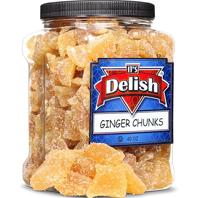 Crystallized Ginger Chunks by It's Delish 2.5 Lb Jumbo Reusable Container | Candied Dried Ginger Fruit Chews Natural Candy Ginger Root with Sugar Crystals Unsulphured - Healthy Snack Vegan Kosher