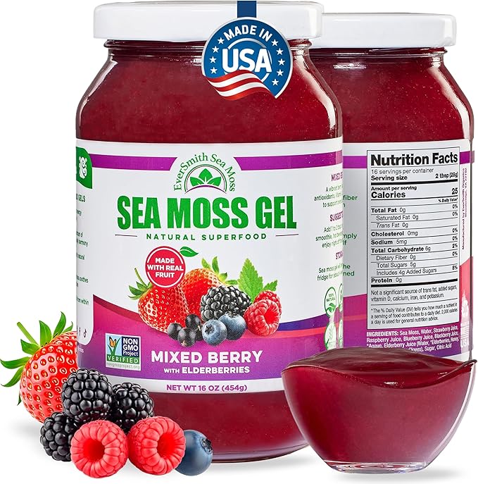 Wildcrafted Irish Sea Moss Gel | Made in USA | Rich in Vitamins &amp Minerals | Sea Moss Gel Raw | Nutritional Supplement | Mixed Berry (16 oz)