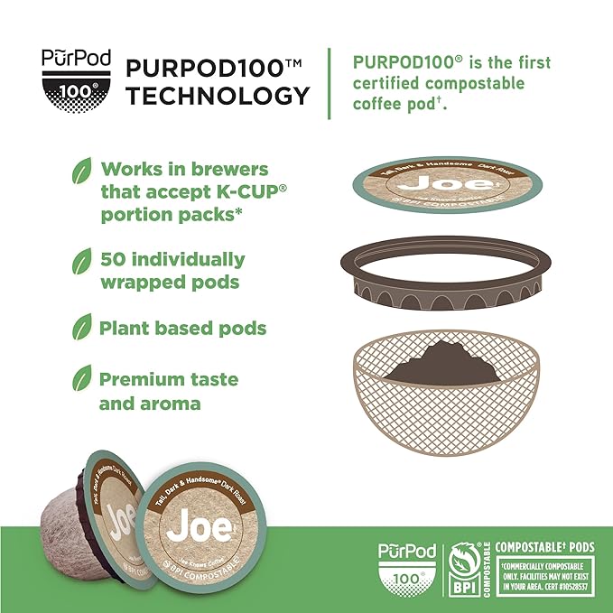 Joe Knows Coffee Tall Dark &amp Handsome – 50 Count Compostable Dark Roast Coffee Pods | Bold &amp Rich Flavor | Compatible With K-Cup Brewers | Eco-Friendly | Kosher | Gluten-Free
