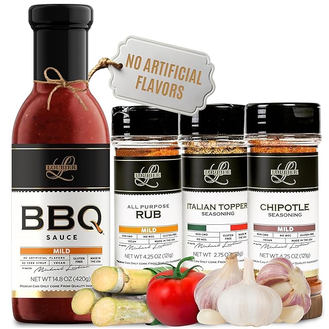 Loubier BBQ Sauce &amp Dry Rub Sampler Gift Box- Top-tier Barbecue Sauce Duo w/Italian Topper &amp Chipotle Seasoning Natural &amp Organic Unique Flavors for Meat &amp Veggies Gluten-Free Made