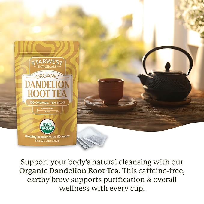 Starwest Botanicals Organic Dandelion Root Tea - Cleansing Herbal Tea Caffeine Free Natural Elimination Support USDA Organic Dandelion Root Roasted Non GMO - Bulk Pack 100 Tea Bags