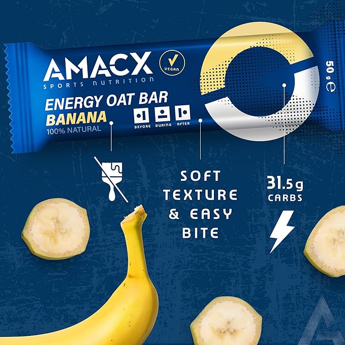 AMACX Energy Oat Bar for Endurance Sports – 12 x 50g – Energy Bars Carbohydrate mix (31g) – Vegan Protein Bar with 50mg magnesium – Running &amp Hiking Snacks – Healthy Oatmeal Power Bars - Banana