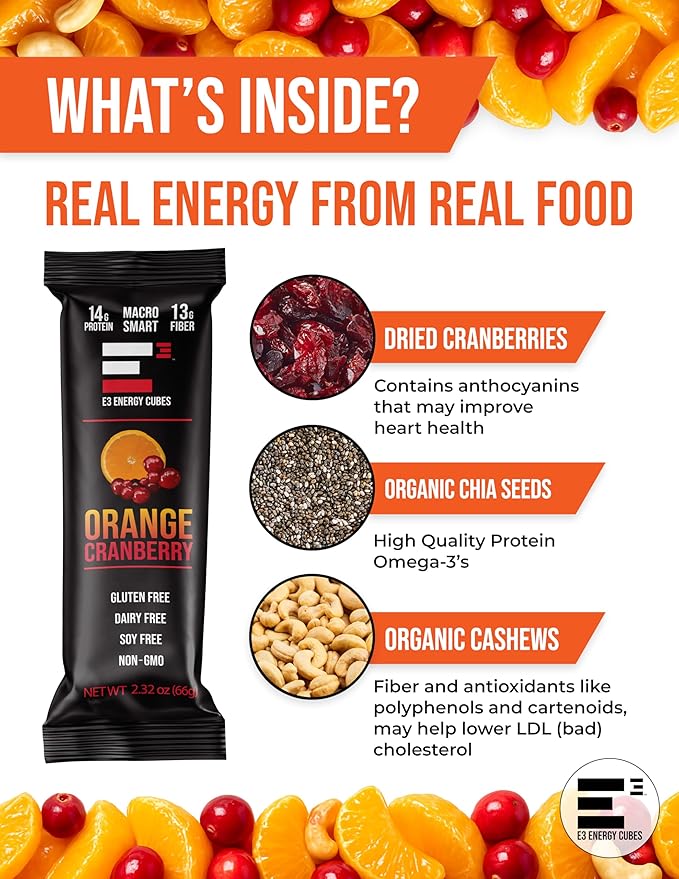 E3 Energy Cubes- Orange Cranberry Refrigerated Protein Bars | Gluten Free Dairy Free Soy Free Non-GMO Macro Smart Prebiotic Fiber Prebiotic Fiber | High-Protein Healthy Snack Bars | Made in USA