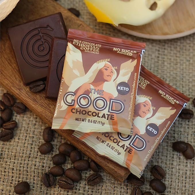 The Good Chocolate - Keto Milk Chocolate Coffee Style Squares 80% Less Sugar Lower Net Carb Snack Lower Calorie Creamy Chocolate Candy 24 Square Family Pack