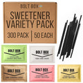 (300 total 50 each) Bolt Box Sugar &amp Sugar Substitute Packets Assorted Variety Pack (Turbinado Cane Pink Saccharin Yellow Sucralose Green Stevia Stir Straws)