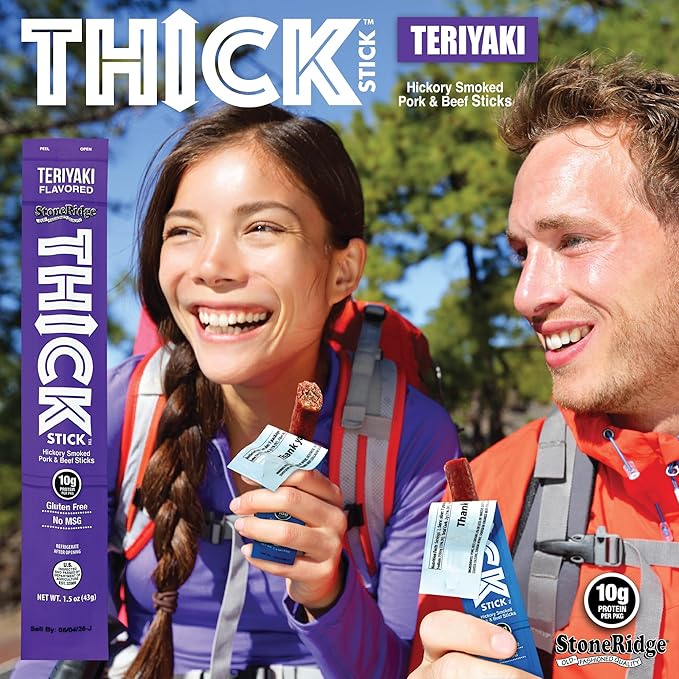 THICK STICK - STONERIDGE OLD-FASHIONED QUALITY TERIYAKI - Hickory Smoked Pork and Beef Snack Sticks Gluten Free No MSG 15 Count THICK 1.5 oz Sticks High Protein Soy Free 15 Count