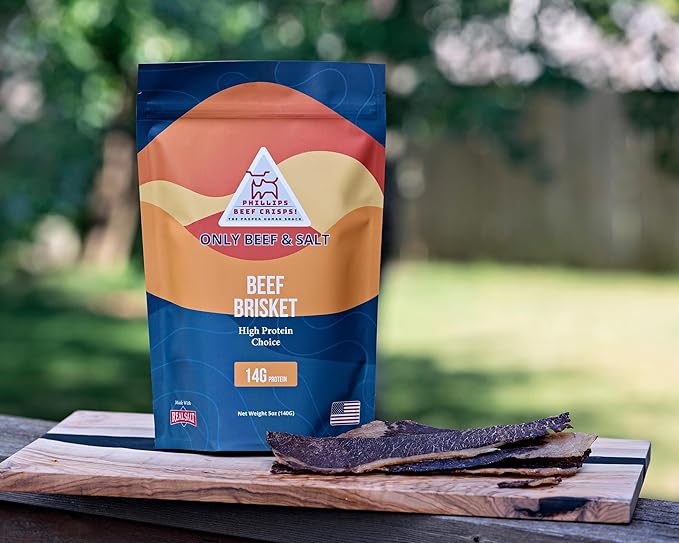 Phillips Beef Crisps - Fatty Brisket - Only Beef &amp Salt - Zero Carbs - Zero Sugar - High Protein Meat Snacks - 14g Protein
