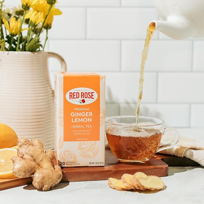 Red Rose Ginger Lemon Tea Caffeine Free Herbal Tea Naturally Flavored Tea with Mint Lemon Orange &amp Lemongrass Herbal Tea with 20 Individually Wrapped Tea Bags Per Box (Pack of 6)