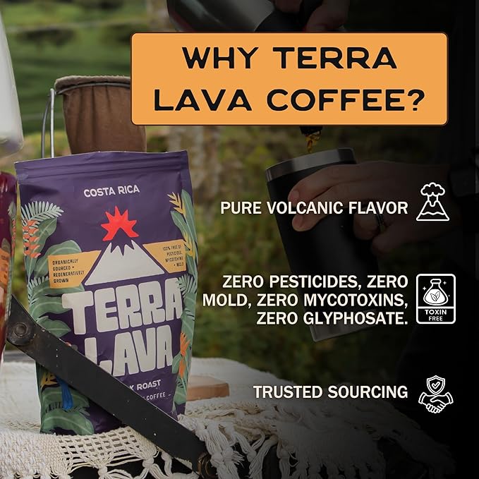 Terra Lava Coffee – Dark Roast Whole Bean Coffee Single-Origin Costa Rican Arabica Volcanic Soil Grown Honey-Processed Tested for Mold &amp Mycotoxins 12 oz