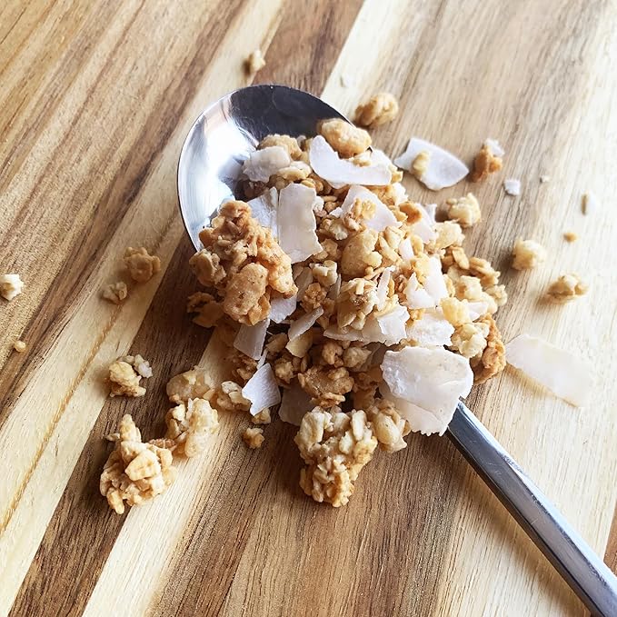 Kin Kitchen non-GMO Granola &amp Organic Quinoa Crisps in a Glass Jar Recyclable and Resusable. Made with Real Fruit. No Aritificial Colors Flavors or Perservatives. Made in USA with Globally Sour