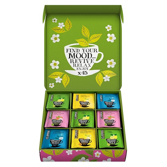 Clipper Tea: Organic Herbal &amp Green Tea Set Gift Box – Tea Selection &amp Sampler with 5 Flavors Including Lemon Ginger and Bedtime Teas – Assorted Tea Bags in Colorful Tea Box 45 Unbleached