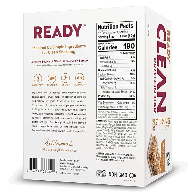 Ready® Protein Bars – High-Protein Snack with 15g Whey Protein With Flaxseeds and Omega-3s for Sustained Energy Supports Lean Muscle and Recovery – Iced Oatmeal Cookie 12 Pack