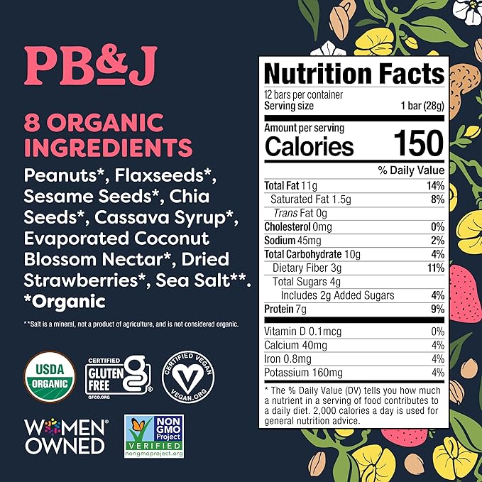 Tosi Nut Bars PB&ampJ Healthy Snacks for Adults &amp Kids Plant Based Crunchy Bars (7G Protein) Organic Keto Snacks Vegan Gluten &amp Soy Free Low Sugar Omega 3s 1oz 12-Pack