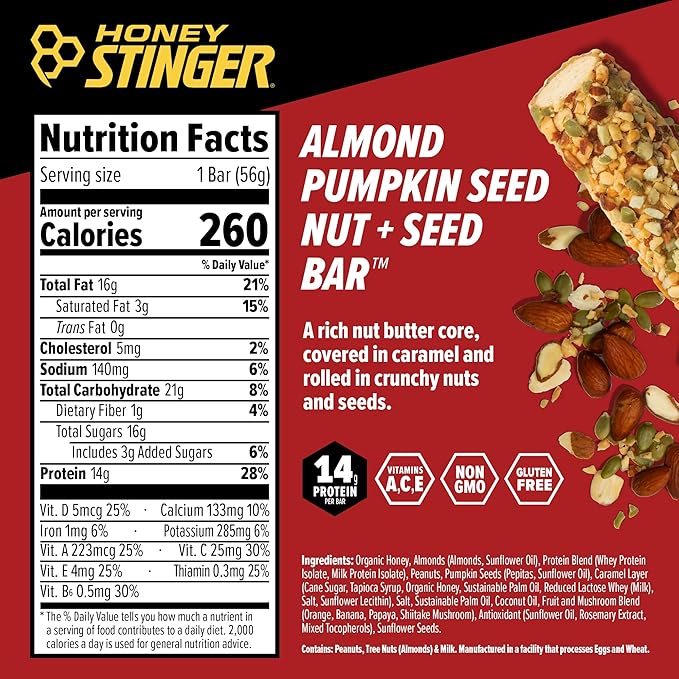 Honey Stinger Nut + Seed Bar Almond Pumpkin Seed Protein Packed Food for Exercise Endurance Performance and Recovery Sports Nutrition Snack Bar for Home &amp Gym Post Workout 12 Pack
