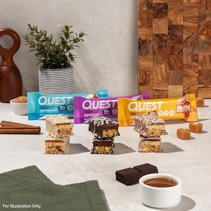 Quest Nutrition Stacks Protein Bars Salted Caramel Flavor 20g Protein 2g Net Carbs 1g Sugar High Fiber Low Sugar Gluten Free 12 Count