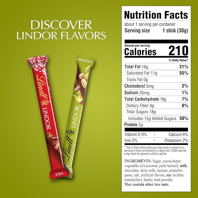 Lindt LINDOR Pistachio Milk Chocolate Candy Truffle Stick 1.3 oz. Pack of 24