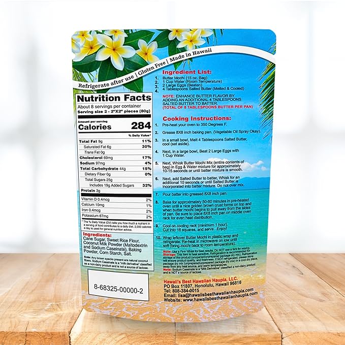 Hawaii's Best Butter Mochi Mix Hawaiian Snacks Baking Mix Authentic Island Dessert Made with Sweet Rice Flour &amp Coconut Milk Gluten Free Pancake Mix Easy-to-Make Chewy Treat for Family 15 oz