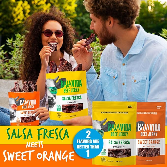 BAJA BEEF Jerky Snack Packs - Beef Jerky Variety Pack Beef Jerky Gifts for Men Beef Jerky Sampler High Protein Craft Jerky Assortment Gluten Free - Sweet Orange &amp Salsa Fresca 2.5 Oz (4 Pack)