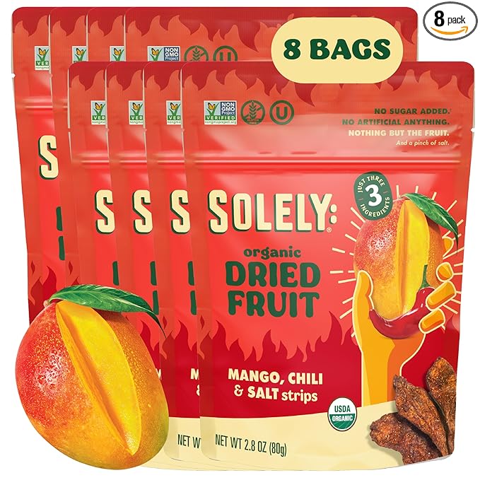 SOLELY - Organic Dried Mango Strips with Chili and Salt (2.8 oz Resealable Bags Pack of 8) Real Fresh Fruit - Healthy Snacks for Adults &amp Kids - Non GMO Vegan Snacks Shelf Stable - 8 Bags (22.4