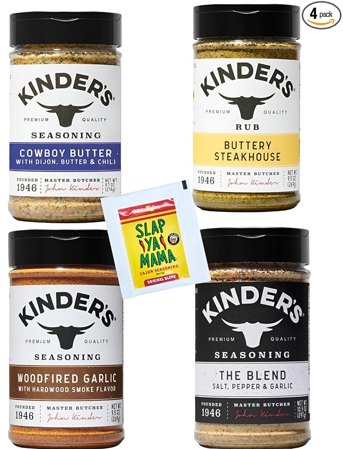 Seasoning Set by KINDERs Pantry Essentials 4 Pack 10.5 oz The Blend 9.5 oz Buttery Steakhouse 9.5 oz Woodfired Garlic 9.4 oz Cowboy Butter With Bonus Slap Ya Mama Original Blend Gift Packet Glut