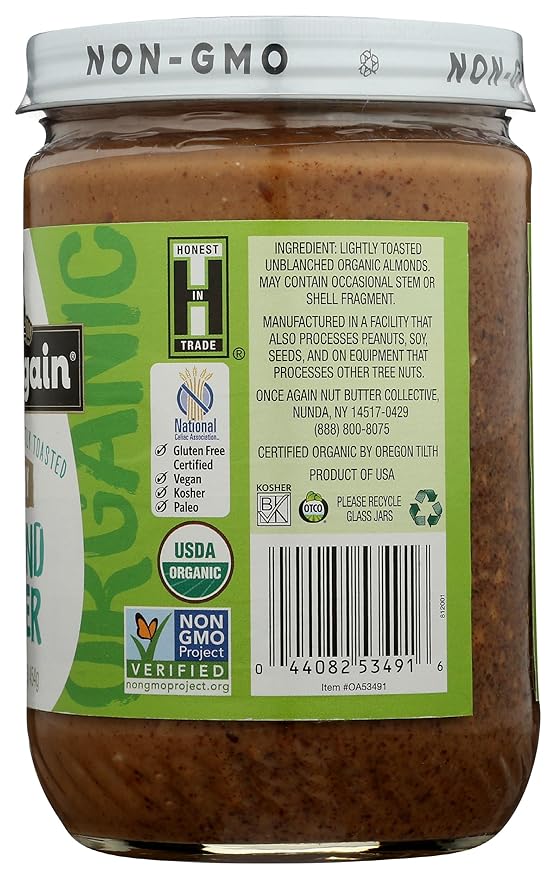 Once Again Organic Crunchy Almond Butter 16oz - Lightly Toasted - Salt Free Unsweetened - USDA Organic Gluten Free Certified Peanut Free Vegan Kosher Paleo - Glass Jar