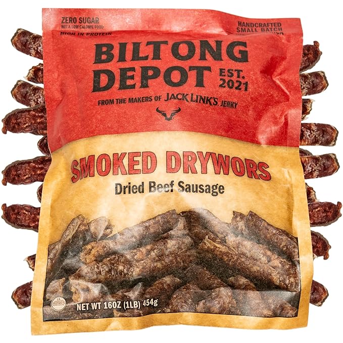 Biltong Depot Smoked Drywors - 1 lb (16oz) | South African Air-Dried Beef Snack Sticks | High Protein | Keto and Paleo Friendly | Zero Sugar | Gluten Free | No Artificial Preservatives | No MSG