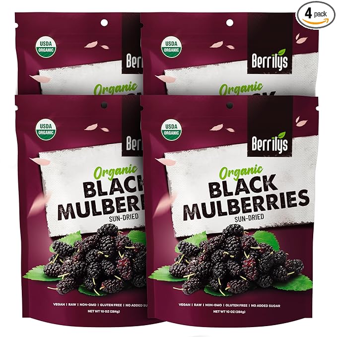 Berrilys Organic Sun-Dried Black Mulberries 4 Pack Bundle [4x10 oz] Raw Gluten Free Mulberry No Preservatives No Additives No Colorings
