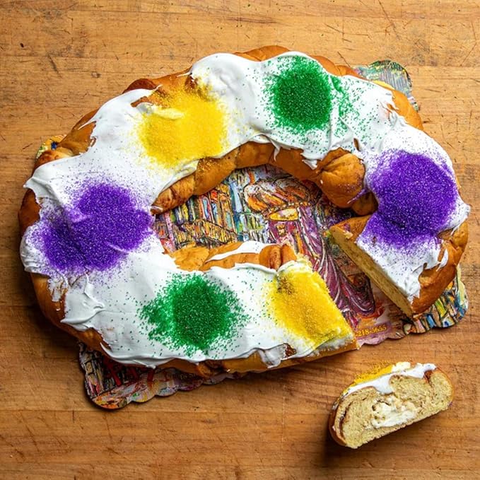 Caluda's King Cake DIY Kit - Pack of 2 - Fresh Un-Iced Brioche Cake with Icing Packets Mardi Gras Colored Sugars Baby Decorating Instructions Serves 10-12 Authentic New Orleans Louisiana Mardi Gr