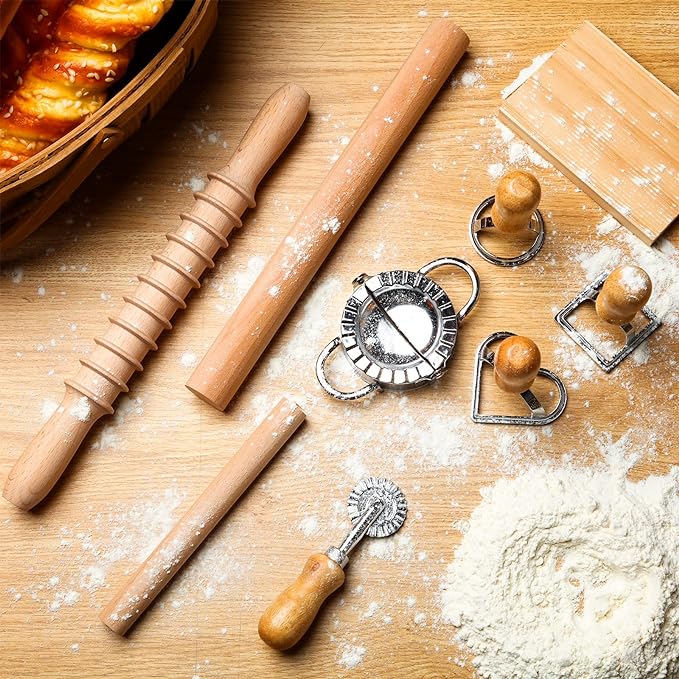 9 Pcs Gnocchi Pasta Making Tools kit - Gnocchi Board Pasta Cutter Ravioli Stamp Wood Threaded Pasta Roller Pin Set Noodle and Dumplings Maker Homemade Kitchen Gift for Pasta Lovers