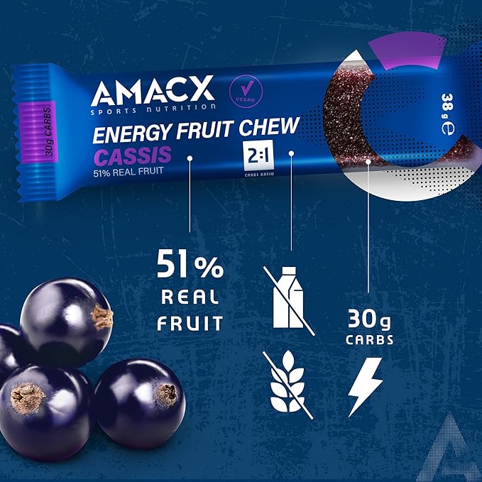 AMACX Fruit Chew Energy Bar – High Carb Running Fuel – 12 x 38g – Electrolyte Chews for Endurance Sports with 51% Fruit – Vegan Gluten &amp Lactose-Free – Sports Nutrition Running Chews – Cassis