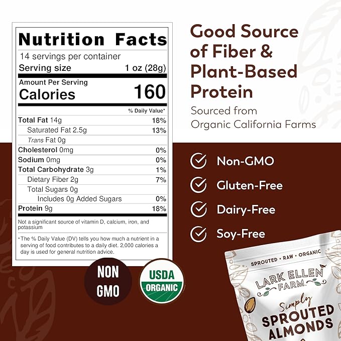 Lark Ellen Farm Organic Sprouted Almonds Unsalted – USDA Organic Raw Vegan Gluten-Free Non-GMO Paleo-Friendly Plant-Based Protein Snack Resealable Bag to Retain Freshness 10 oz (3-Pack)