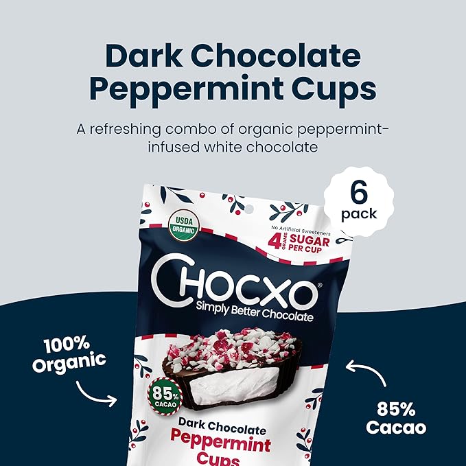 Chocxo Dark Chocolate Peppermint Cups - Lower Sugar Christmas Candy 85% Organic Cacao NonGMO Keto Gluten Free Kosher. No Artificial Sweeteners/Sugar Alcohols 3.45 oz (Pack of 6)