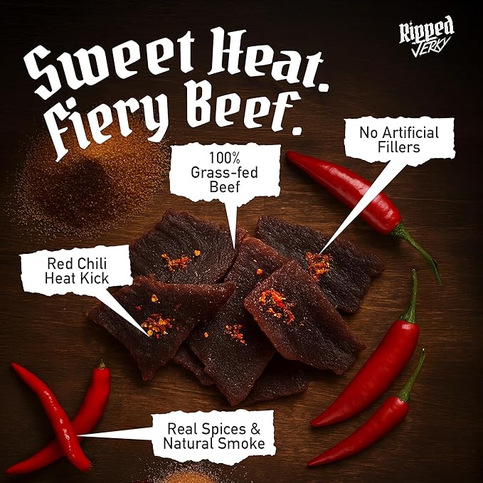 Ripped Beef Jerky - 100% Grass Fed Beef 20g Protein Real Ingredients Gluten Free No MSG Made in USA (Pack of 3 Sweet &amp Spicy)