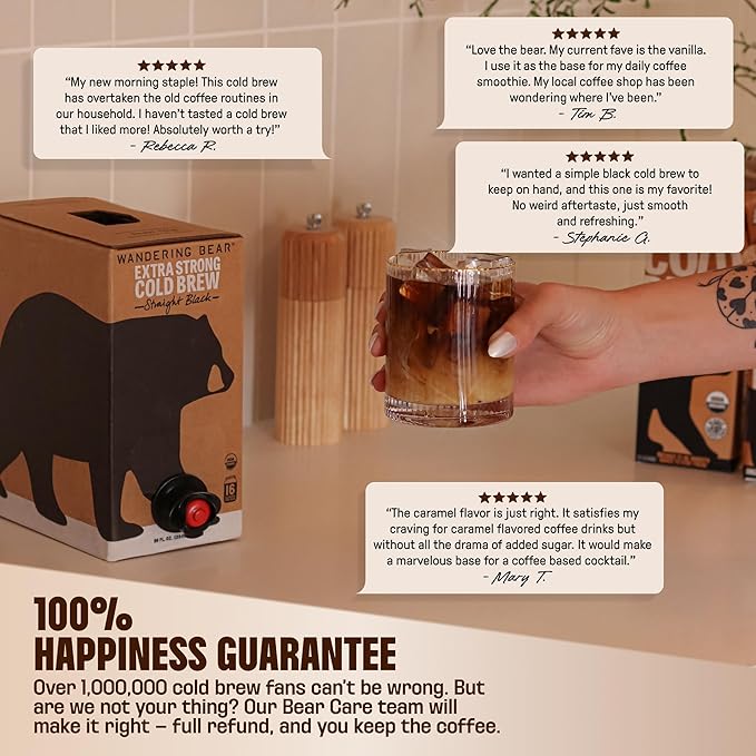 Wandering Bear Organic Caramel Cold Brew Coffee On Tap Iced Coffee Drink - Extra Strong Bold Smooth No Sugar Added Shelf-Stable Ready to DrinkGluten Free &amp Vegan -16 Servings of 6fl.oz -96f