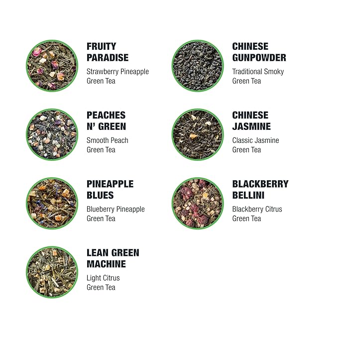 Tiesta Tea - 7 Green Teas Dry Flight Sampler Loose Leaf Medium Caffeine Hot &amp Iced Tea Premium Green Tea Blends 7 Resealable Sample Pouches