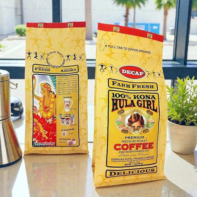 HULA GIRL 100% KONA COFFEE Grown in Hawaii Hand Picked Sun Dried Fresh Roasted and Packed in Hawaii for 30 years (7 Ounce (Pack of 1) 100% Kona Decaf Ground)