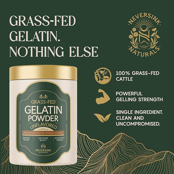 Neversink Naturals Grass Fed Gelatin Powder - Unflavored – 100% Grass-Fed Bovine Gelatin – 11g Protein – Keto &amp Paleo – Beef Gelatin Powder for Gummies Bone Broth Baking Desserts and Cooking