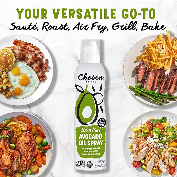 Chosen Foods 100% Pure Avocado Oil Spray Keto Diet Friendly Kosher Cooking Spray for Baking High-Heat Cooking and Frying (6 oz 3 Pack)