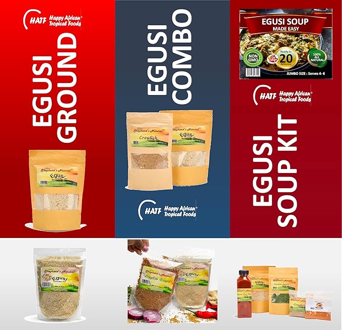 EGUSI SOUP MADE EASY – Get the rich traditional taste of Nigeria in minutes! This full 1.75LB jumbo kit by HATF'S SHEPHERD'S NATURAL serves 4–6 and cooks in just 20 minutes. Perfect for easy meals!