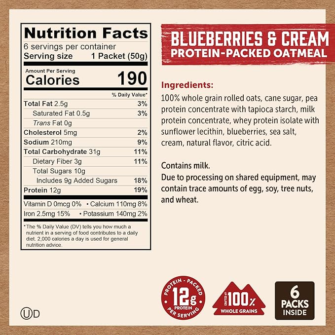 Kodiak Instant Oatmeal Packets Blueberries &amp Cream High Protein 100% Whole Grains 6 boxes with 6 packets (36 packets)