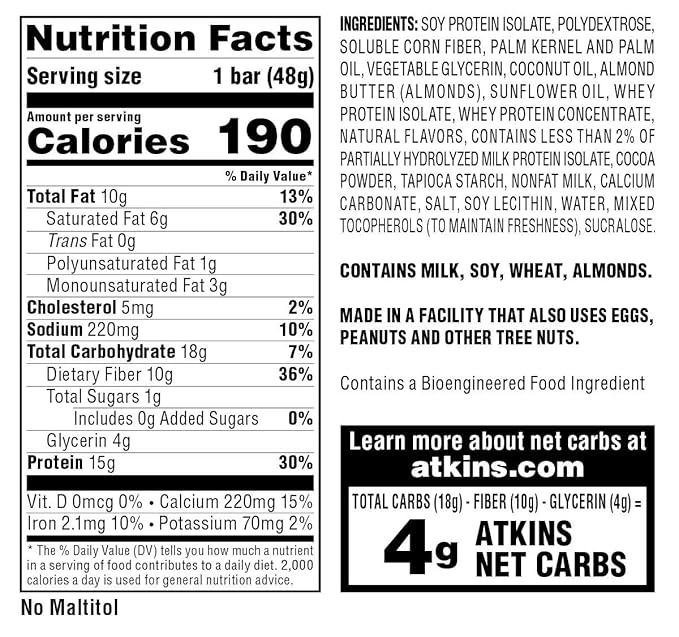 Atkins S’mores Protein Meal Bar High Fiber 1g Sugar 4g Net Carbs Meal Replacement Keto Friendly 5 Count