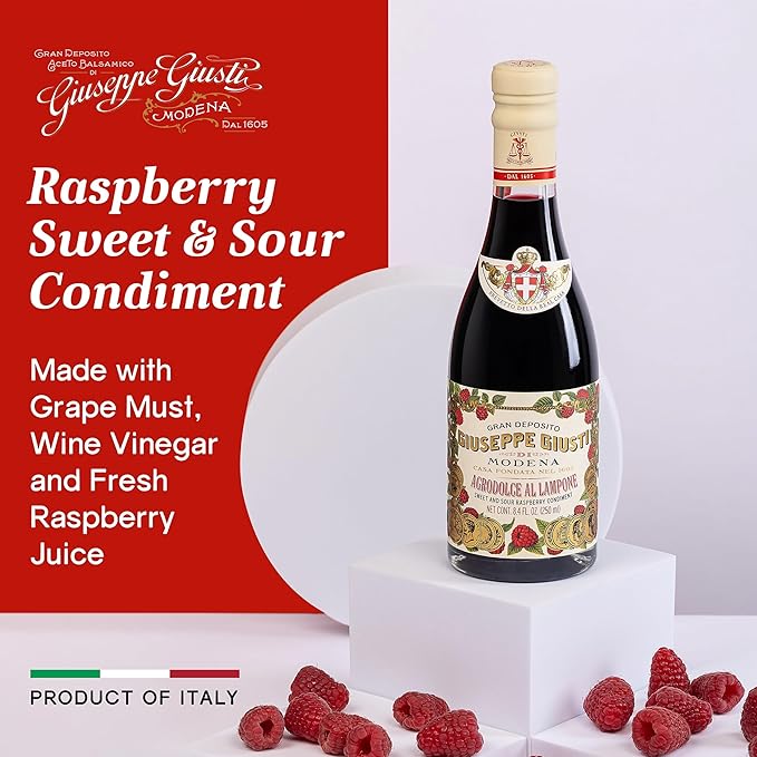Giuseppe Giusti Raspberry Sweet and Sour Condiment – Made With Balsamic Vinegar of Modena Elevate Salads Pasta Desserts and Craft Cocktails – 8.45 fl oz (250 ml) - Pack of 1