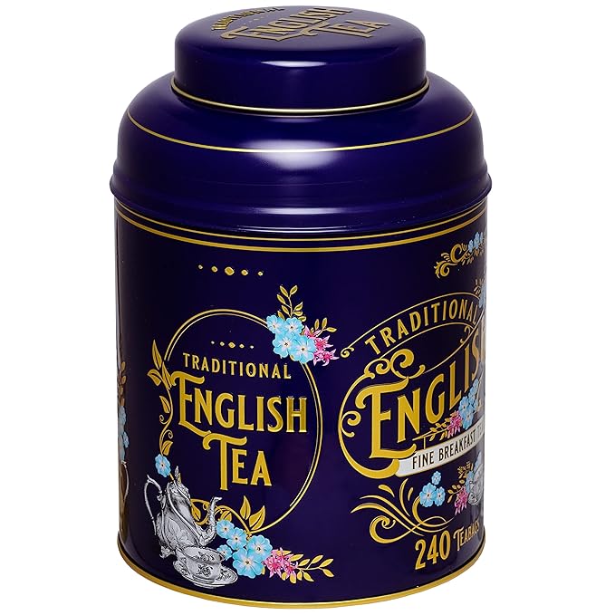 New English Teas Vintage Victorian Tea Tin in Royal Purple With 240 English Breakfast Teabags Forget Me Not Florals