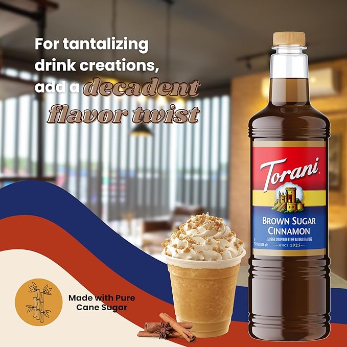 Torani Brown Sugar Cinnamon Syrup 1 Liter Bottle with Pump – Premium Coffee Flavoring Made with Pure Cane Sugar &amp Natural Flavors for Lattes Oatmeal Cocktails &amp Desserts – Café-Quality Sweet
