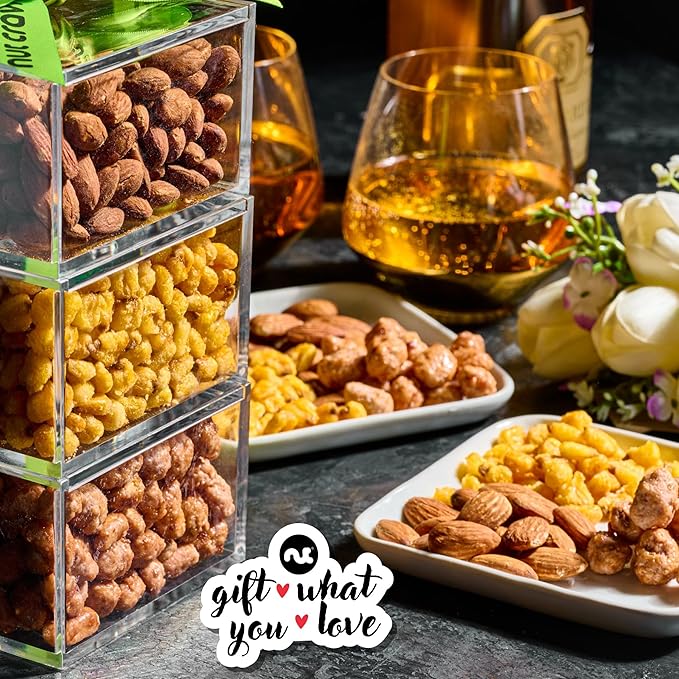 NUT CRAVINGS - Easter Mixed Nuts Acrylic Tower Gift Basket with Ribbon (3 Tier Assortment) Ramadan Gifts Treats for Adults Food Arrangement Healthy Snack Care Package Kosher