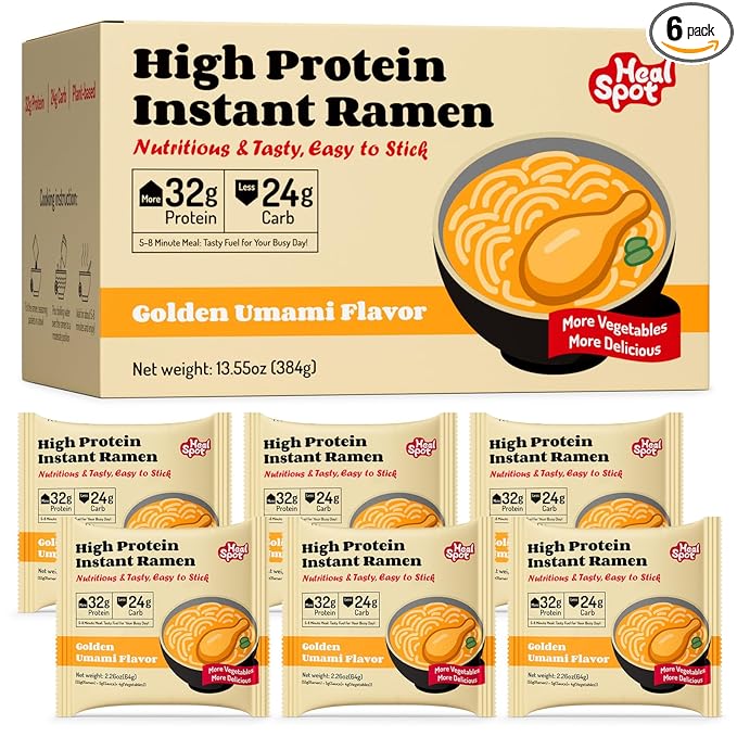Healspot High Protein Instant Ramen 6 Pack Non Fried Ramen Broth 32g Plant Based Protein Low Fat Low Carb Non GMO Keto Friendly &amp Plant Based(Golden-Chicken)