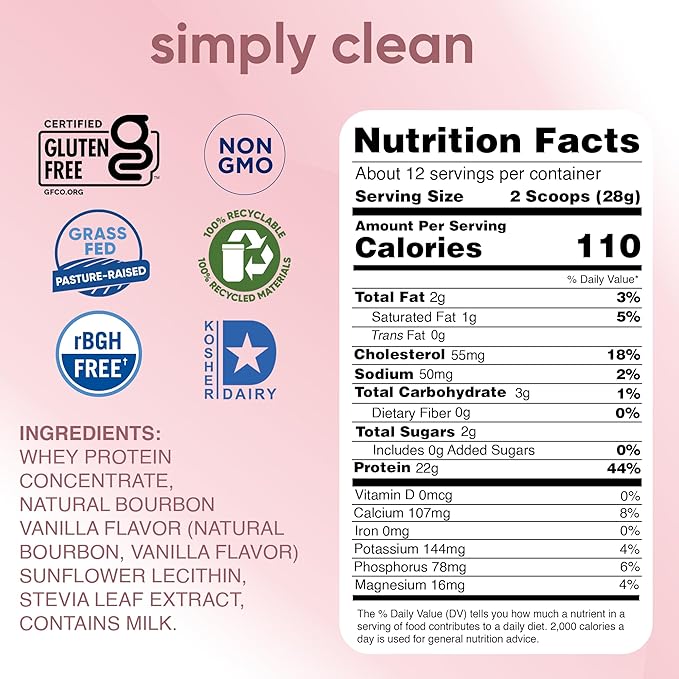 simply tera's Pure Whey Protein Powder - Grass Fed Vanilla Whey Protein Powder Clean Made Without Artificial Sweeteners Non-GMO Kosher rBGH-Free Soy-Free - 12 Oz