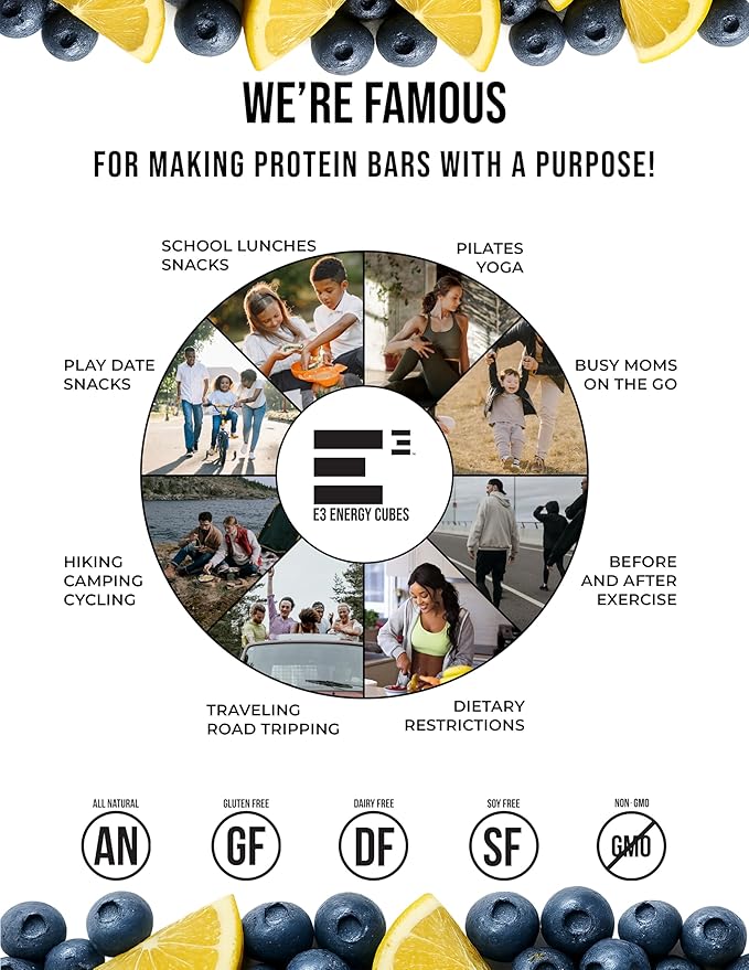 E3 Energy Cubes- Lemon Blueberry Refrigerated Protein Bars | Gluten Free Dairy Free Soy Free Non-GMO Macro Smart Prebiotic Fiber Prebiotic Fiber | High-Protein Healthy Snack Bars | Made in USA