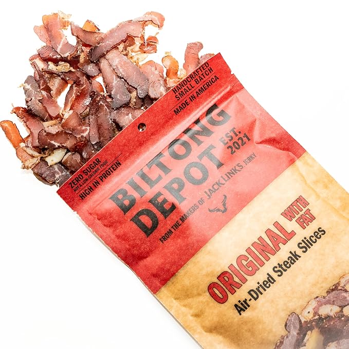 Biltong Depot Original Beef Biltong Slices with Fat – 8oz | Air-Dried Beef Jerky Snack | High Protein | Zero Sugar | Keto &amp Paleo Friendly | Gluten Free | No Artificial Preservatives | No MSG